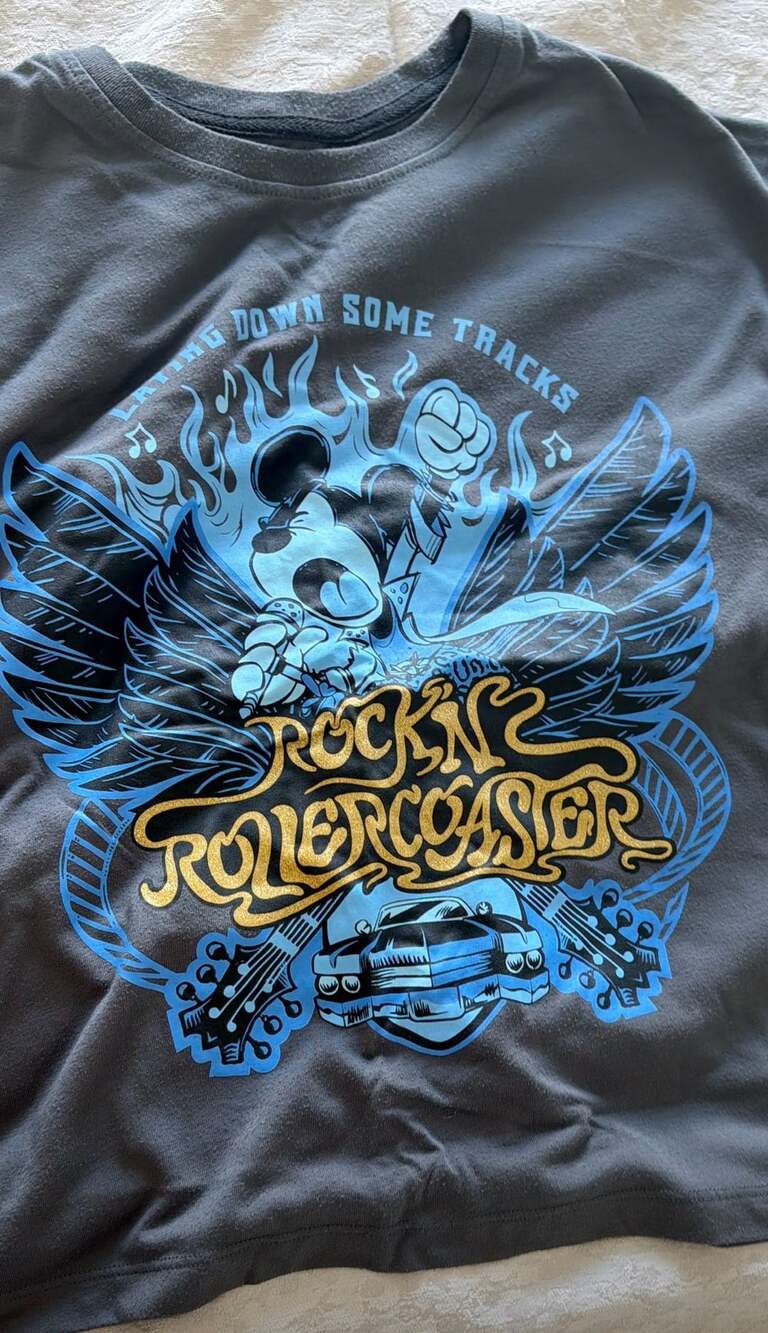 Vintage Disney  Rock 'n' Roller Coaster Mickey T-Shirt Black Grey/Blue/Gold